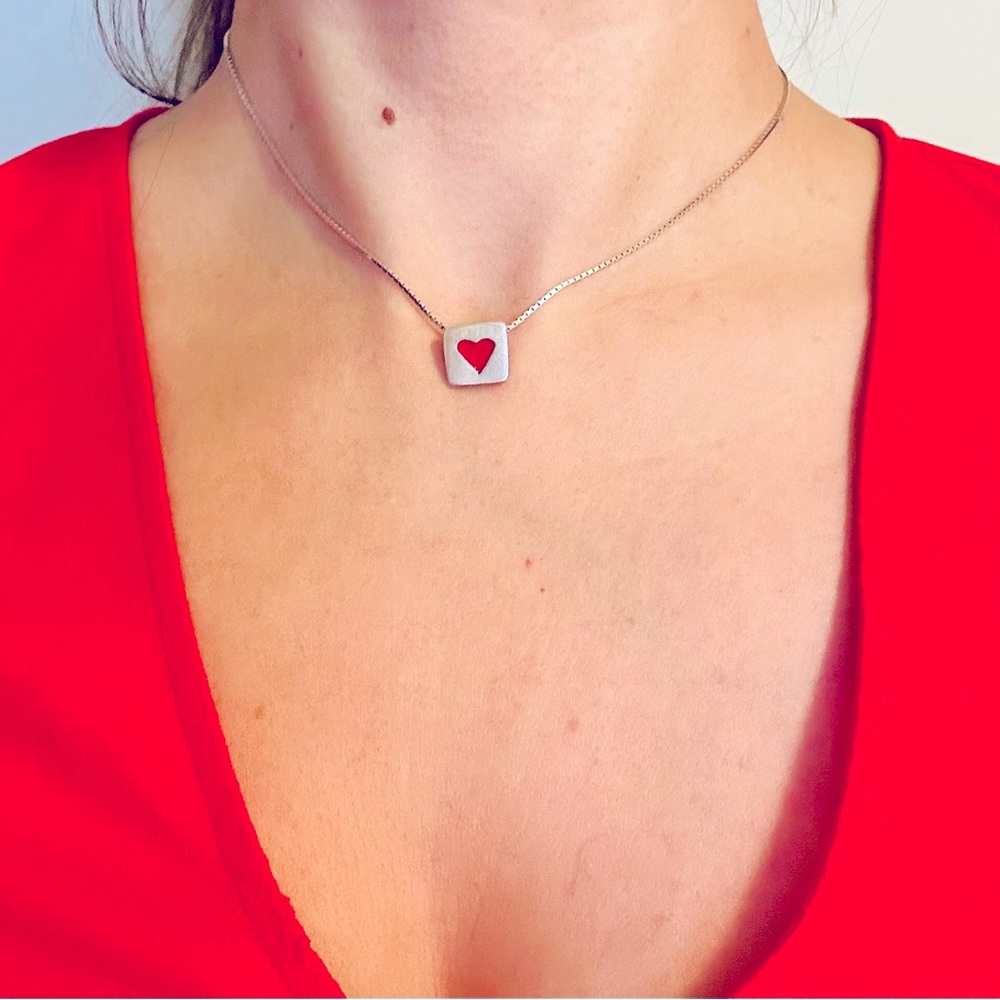 Sterling Silver Necklace With The Enamel Red Heart ❤️